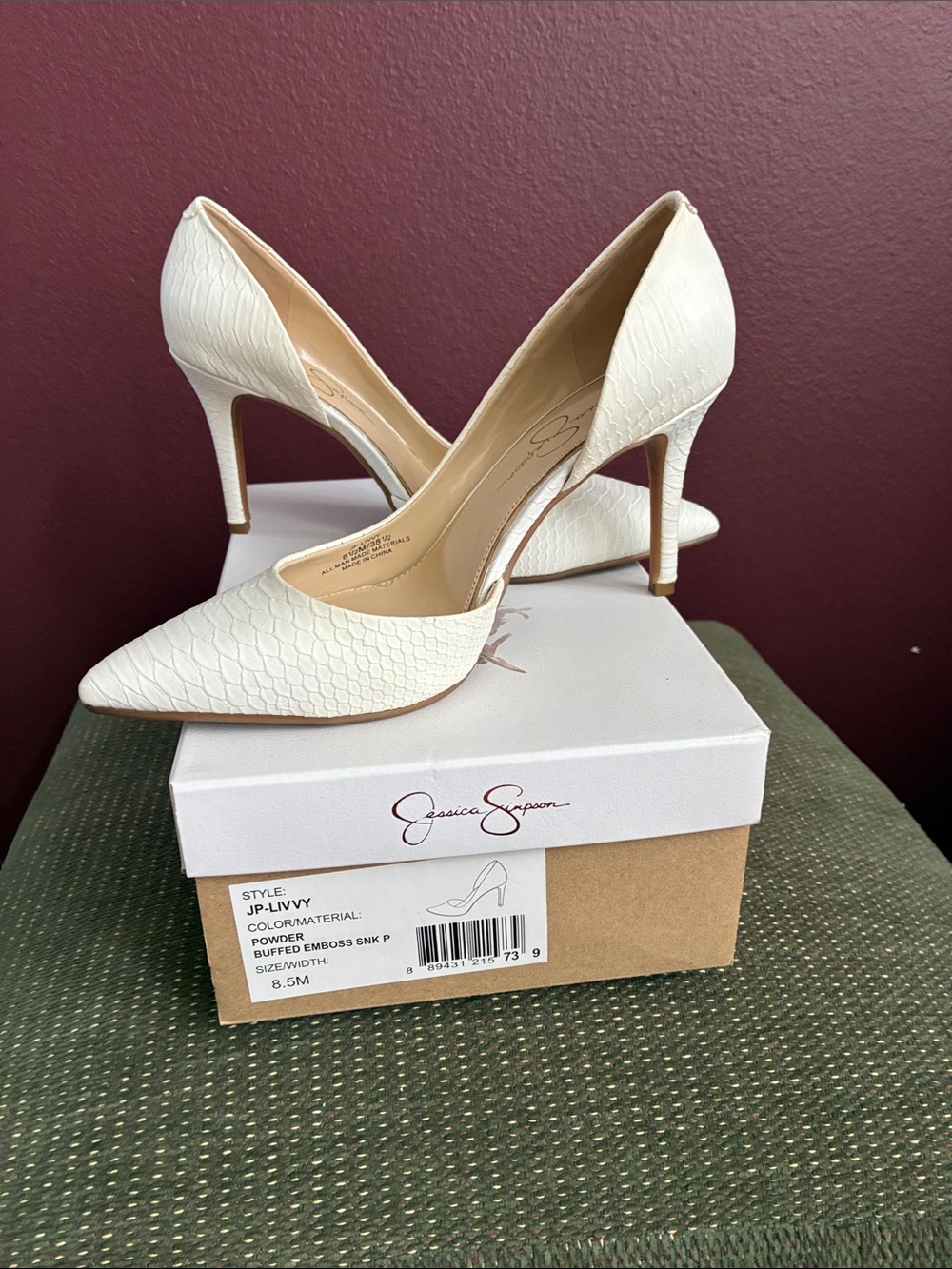 Jessica Simpson Powder White Embossed Pointed-Toe Stilettos